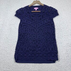 Lily Pulitzer Cap Sleeve Cotton Crochet Sweater Top Size Small Navy Blue